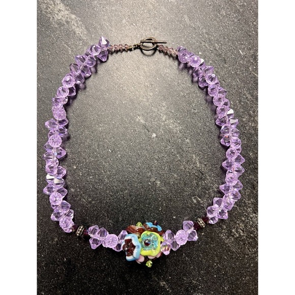 Artisan Jewelry - Handcrafted Artisan Purple Glass Beaded Necklace With Hand‎ blown Glass Flowers